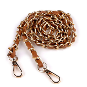 Łańcuszek przeplatany z Ekoskórą - 112 cm - Złoto - Brązowy